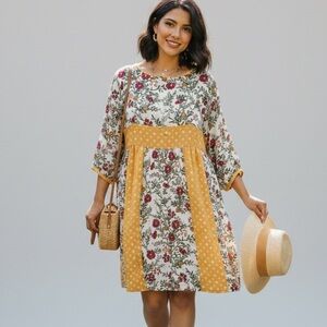 Flamingo Urban Floral Mixed Media Dress Mustard Yellow Boho Cottagecore XL
